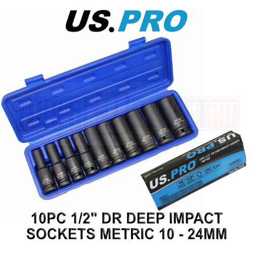 US PRO Tools 10pc 1/2"" Dr 6 Point Deep Impact Sockets Metric 10 - 24mm 3725