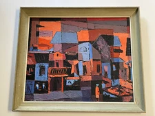 Vintage Abstract Painting Cucaro Expressionism Modernism Cubism Sunset Wharf Sea