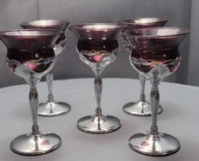 Farber Brothers Krome Kraft  Amethyst Crystal Cordial Glasses Chrome Stem 5 pc