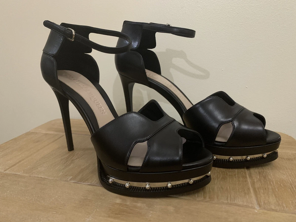 ALEXANDER MCQUEEN GOYA BLACK LEATHER HIGH HEELS SANDALS SIZE 5.5