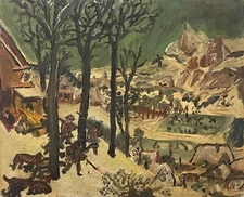 Naive Art Painting Country Scene Circa 1950