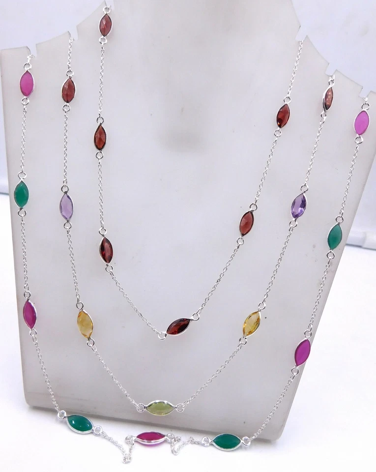 Collana Fine In Argento Sterling 925 Con Gemme Multicolori Meravigliose - Immagine 2 di 2