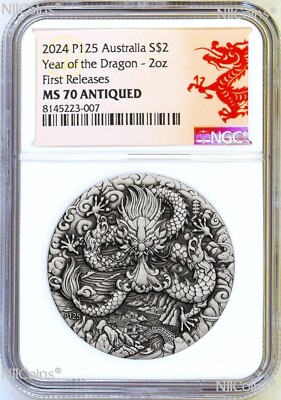 2024 Australia Antiqued LUNAR Year of the DRAGON 2oz $2 Silver