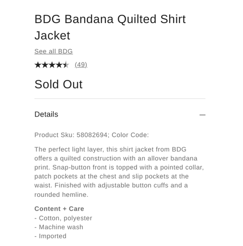 Urban Outfitters BDG Bandana Quilted 