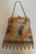Antique Germany Enamel Mesh Flapper Purse Orange Black Art Deco Metal Chainmail