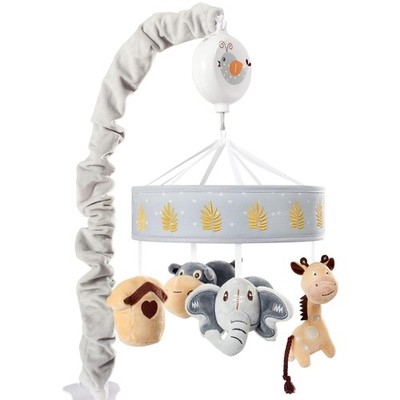 OBERLUX Safari Musical Baby Crib Mobile Jungle Animal Soother Gray Tan Gold