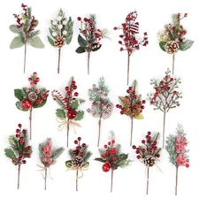 LOAVER 16 Pack Artificial Christmas Red Berry Picks Assorted Faux Pine 