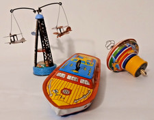 Vintage Marx Tin Wind Up Toys - Boat/Top/Bi-Plane Carousel- Japan