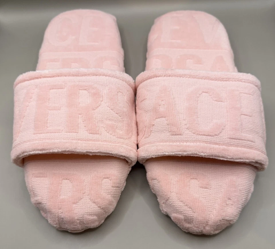 Versace All Over Pink Cotton/Terry Fabric Jacquard Bath Slippers Sz M Authentic - Image 4 of 4
