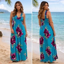 Tropical Hibiscus Floral Resortwear Smocked Turquoise Blue Maxi Sun Dress Small