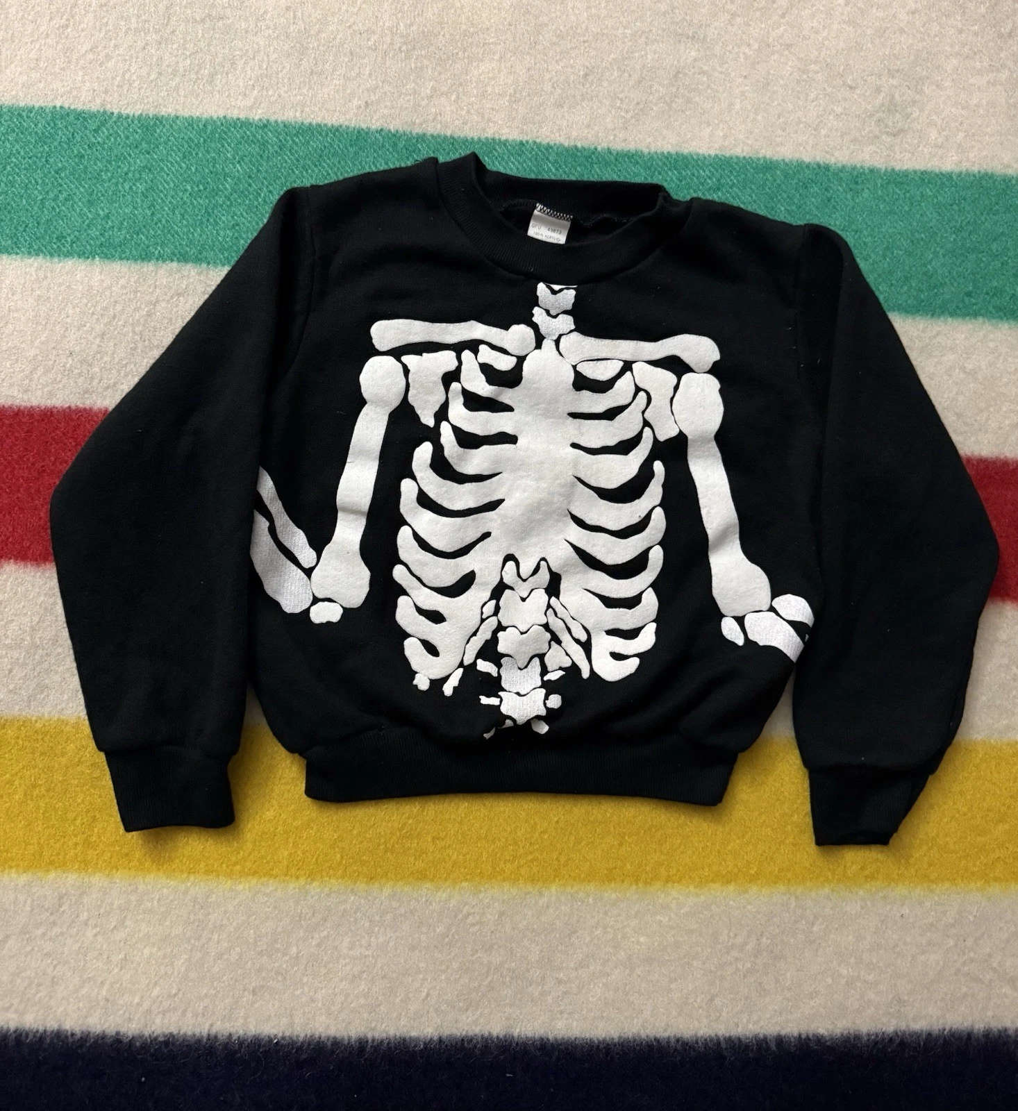 Vintage 80s 90s Skull Skeleton All Over Print AOP Black Crewneck Youth Small 7