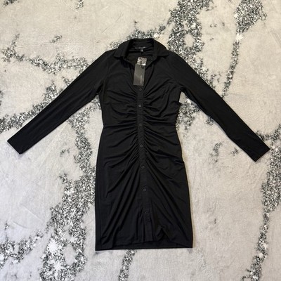 19 Cooper Ruched Bodycon Dress Womens XS Black Button Front Long Sleeve Mini