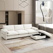 L-Shaped Sectional Sofa w Storage Ottoman and Pockets Adjustable Phone Holder