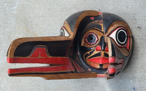 Vintage Pacific Northwest Coast Hand Carved Wood Transformation Mask Man-Raven