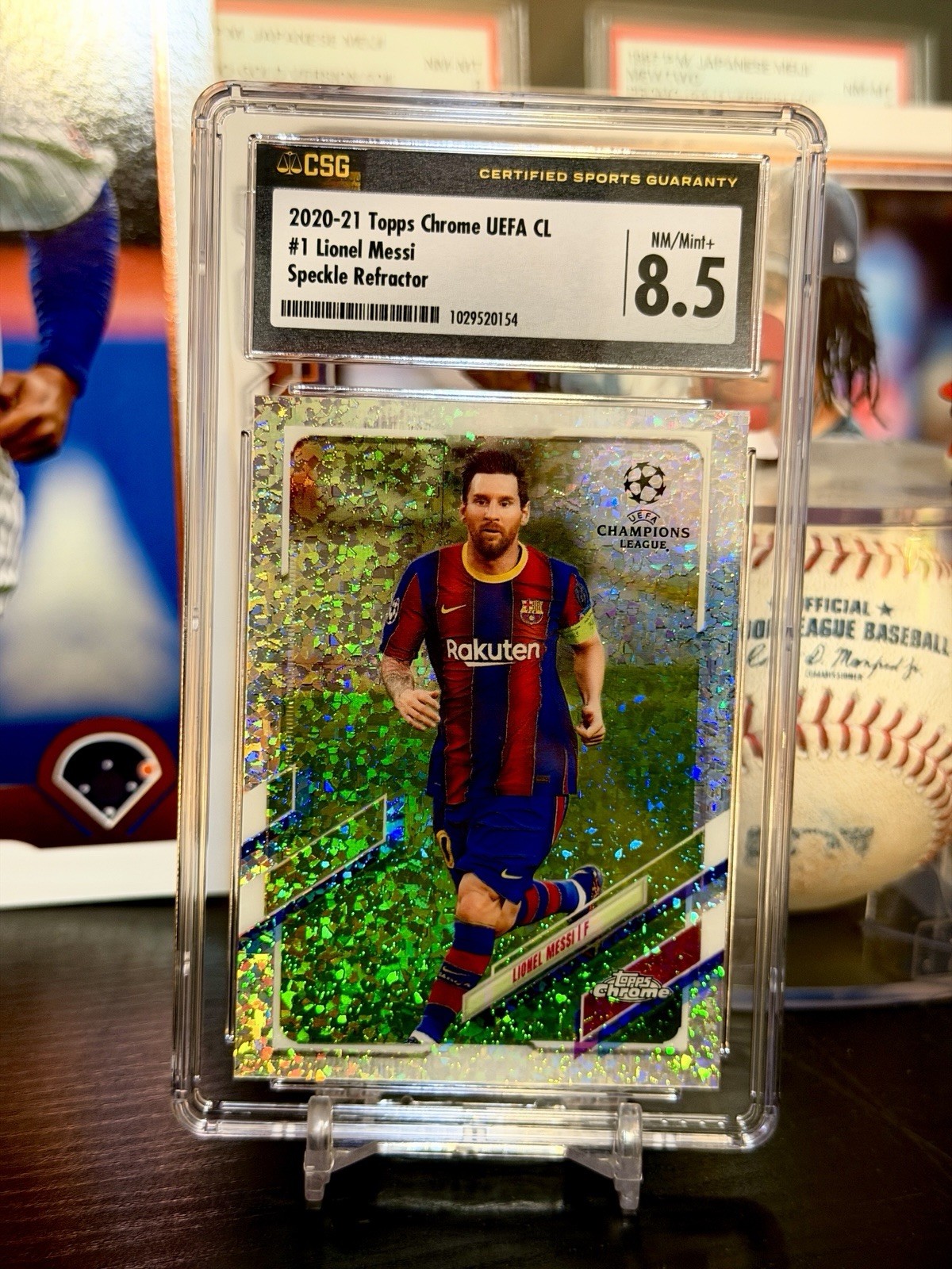 ⭐️ 2020 TOPPS CHROME UEFA CHAMPIONS LIONEL MESSI SPECKLE REFRACTOR #1 CGS 8.5