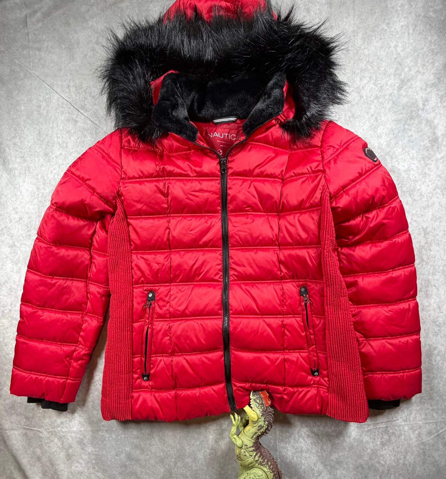 Nautica 1983 Red Puffer Jacket Women Faux Fur Trim Hood Thumbhole Cuffs