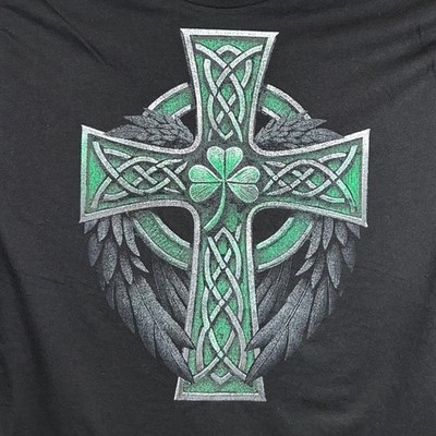 St. Patrick's Day Celtic Cross Shamrock Black Irish T-Shirt Mens Large New