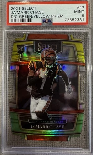 2020 Panini Select Concourse Ja’Marr Chase Die-cut Green/Yellow Prizm PSA 9