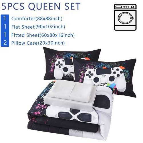 5 Piece Boys Queen Gamer Comforter Set with Sheets, 3D Colorful Video Game Co... - Bild 2 von 7