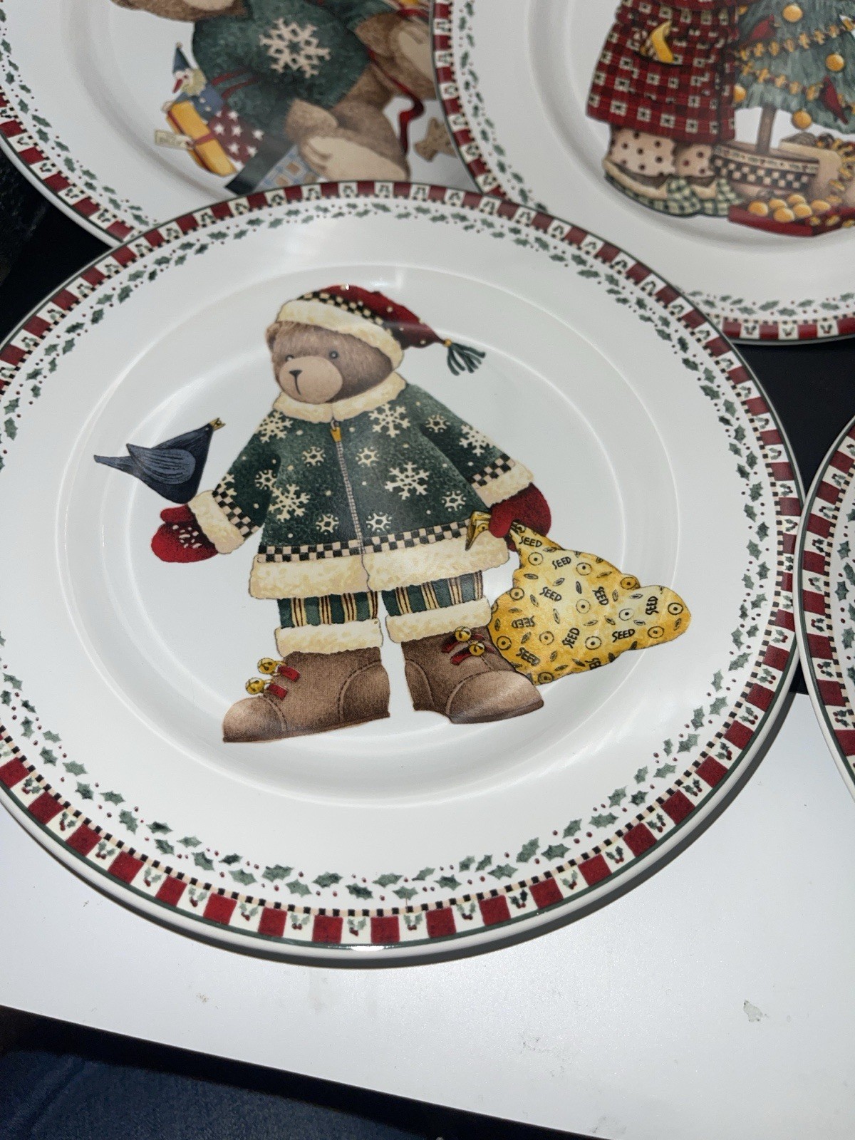 Sakura Debbie Mumm Christmas Bears Set of 4 Dessert Salad Plates w/ Box 1996 4