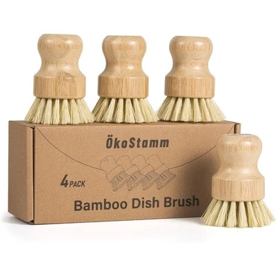 4 Pack Natural Bamboo Dish Brush with Sisal Bristles for Cleaning Pots Pans - Picture 1 of 6