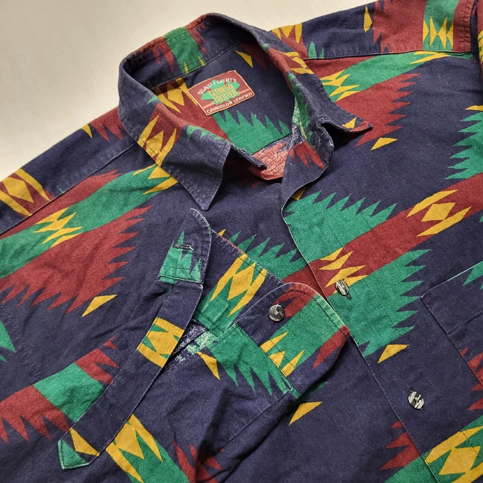 Vintage Globe Trotter Shirt Mens Large Blue Button Up Southwestern Aztec Cotton - Image 2 of 4