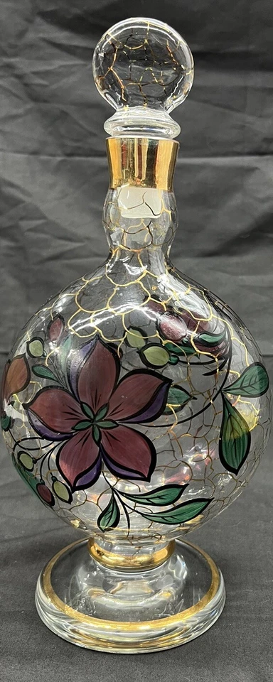 Art Nouveau Blown Glass Aperitif Decanter Hand Painted Enamel Flowers Gold - Image 4 of 4