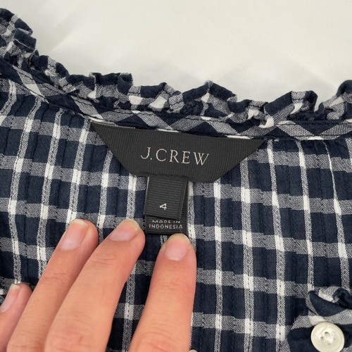 J. Crew Ruffle Classic Mini Windowpane Popover Top Womens Size 4 Blue White - Picture 4 of 9