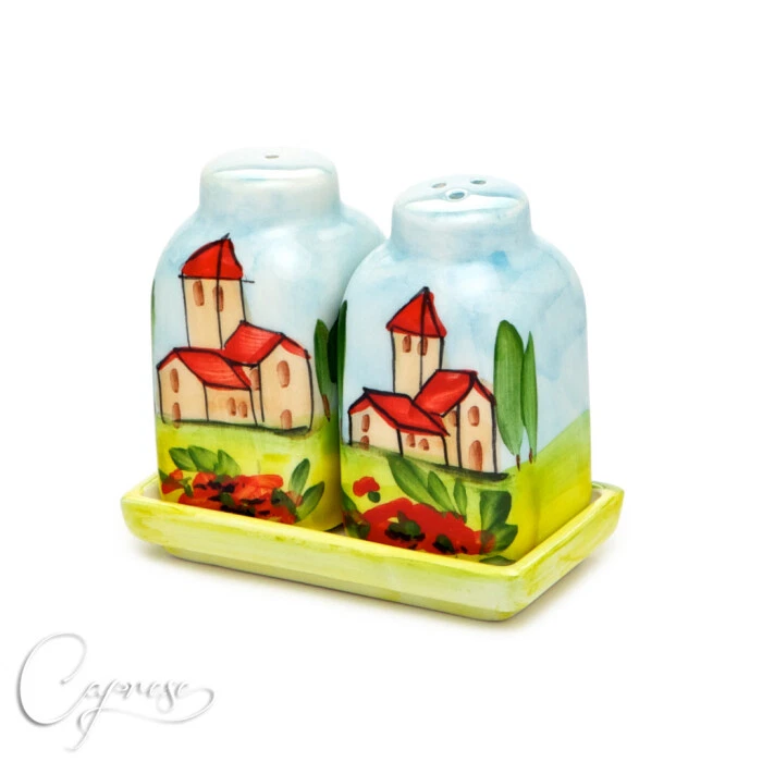 Bassano Ceramic Salt And Pepper Shakers 7 Cm Tall Tuscany Motif New