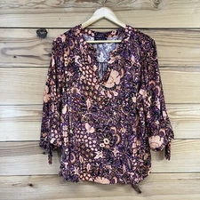 Rachel Zoe Shirt 1X 3/4 Sleeve Popover Top Career Orange Purple Floral B158