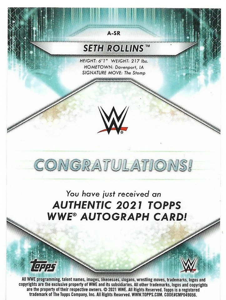 2021 Topps WWE Seth Rollins parallel AUTO 4/5 card - Image 2 of 2