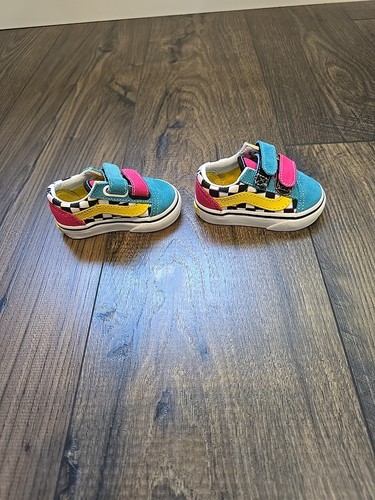 Vans Off The Wall US Toddle Size 2 Sneakers Shoes Teal Pink Yellow Black White - Picture 7 of 8