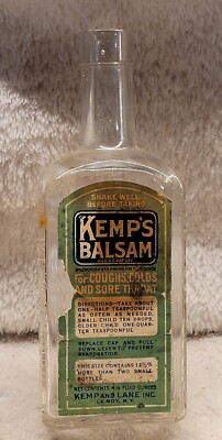 KEMP'S BALSAM EMBOSSED w ORIGINAL LABEL COUGH SYRUP CONTAINED CHLOROFORM EMPTY