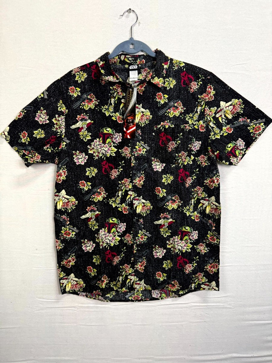 Star Wars Shirt Mens Large Black Boba Fett Floral Short Sleeve