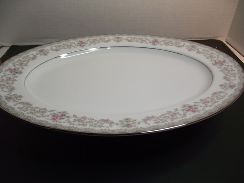 Vintage NORITAKE Edgewood 5807 Oval Serving Platter Pink Roses Platinum Trim - Picture 3 of 6