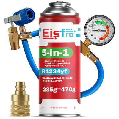 Kältemittel EISFRO 5-in-1 R1234YF Klimaanlage Ersatzgas KOMPLETTSET Schlauch