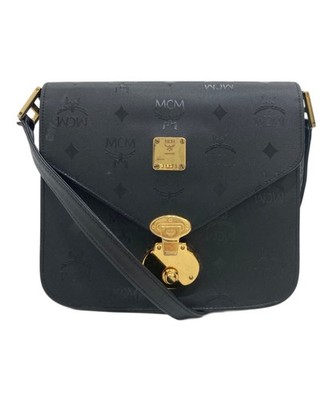 MCM Al-over Pattern Flap Shoulder Bag Black Monogram Gold Hardware Authentic