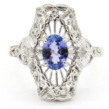VINTAGE STYLE LADIES 14K WHITE GOLD FILIGREE VERTICAL TANZANITE & DIAMOND RING