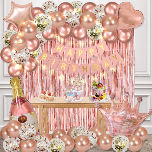 Rose Gold Birthday Decorations for Women with Happy Bithday Banner, Curtains,...