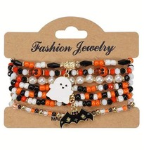 Halloween Theme Bat Ghost Dangle Charm Multi Layer Bead Stretch Bracelet