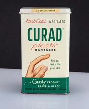Vintage Curad Plastic Bandages Flesh Color Tin Container USA