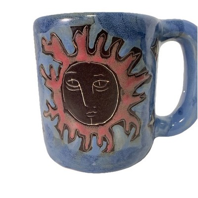 Mara Mexico Stoneware Mug Celestial Sun & Moon Stars Large Blue Folk Art Pottery