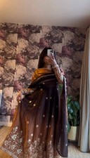 Traditional Chinon Silk Brown Gown Bottom With Dupatta For Women Girls Wear