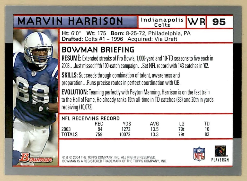 2004 Bowman First Edition #95 Marvin Harrison Indianapolis Colts - Image 2 of 2