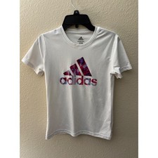 Adidas White T-Shirt Medium Kids Girls Athletic Logo Floral Print Top A683