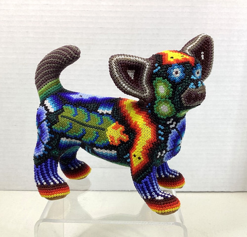 Huichol Art Hand Beaded Chihuahua Dog Sculpture Mexican Folk Art 5” Tall