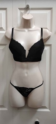 Women's 34B Black Velvet & Lace Corset Bra and Large String Thong Panties New
