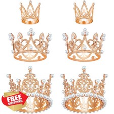 6pc Crown Cake Topper Rose Gold Pearl Rhinestone Tiara Birthday Wedding Baby