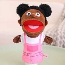 Girl Hand Puppet - Adorable Daughter in Pink Overalls Plushie Toy