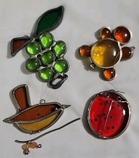 Vintage Stained Glass Suncatchers Lot of 4 Grapes Ladybug Bird Turtle
